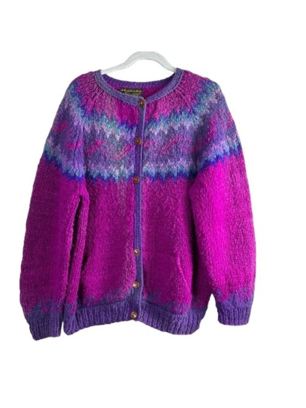 VTG 80s Wild and Wooly Hand Made 100% Virgin Wool Fair Isle Cardigan Sweater XL